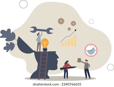 Cartoon tiny people repair light bulb inside human head.idea and teamwork concept.flat vector illustration.