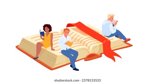 Personas diminutas de caricatura sentadas en un gran libro de cuentos abierto con marcador entre flores de primavera y verano, personajes leyendo con curiosidad. Festival del libro para leer literatura y estudiar ilustraciones vectoriales