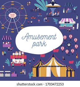 Cartoon tiny people spending time at amusement park isolated background. Happy families and children enjoying outdoors entertainment circus, carousel vector flat illustration with place for text