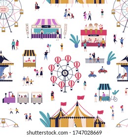 Cartoon tiny people spending time together at amusement park seamless pattern. Man, woman, children and couple at attraction area vector flat illustration. Family entertainment outdoor leisure