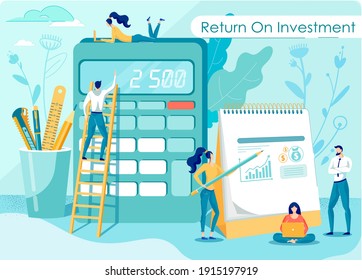 Cartoon Tiny People Team Working on Passive Income, Calculating Investment Financial Revenue, Deposit Profit Growth. Analytics Brainstorming, Planning Invest Strategy. Vector Flat Illustration