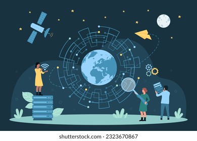 Cartoon tiny people test speed of signal with magnifying glass, holding wireless sign, circle circuit and globe of Earth inside. Fast internet connection, communication technology vector illustration