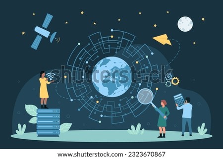 Cartoon tiny people test speed of signal with magnifying glass, holding wireless sign, circle circuit and globe of Earth inside. Fast internet connection, communication technology vector illustration