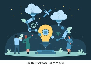 Cartoon tiny people use machines to produce and develop creative ideas, control robot arms and manipulators to fix and repair CPU circuits inside light bulb. Project development vector illustration.