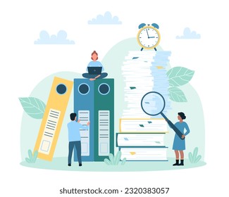 Cartoon tiny people work among stacks of paperwork, reports and bills, employee holding pen to mark option on information list. Office bureaucracy, checklist administration vector illustration