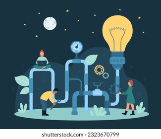 Las personas diminutas de dibujos animados trabajan con sistemas de tuberías y conductos generadores de ideas con bombillas brillantes para generar y controlar la innovación de las start-ups. Imagen vectorial oscura del proceso de generación de proyectos creativos.