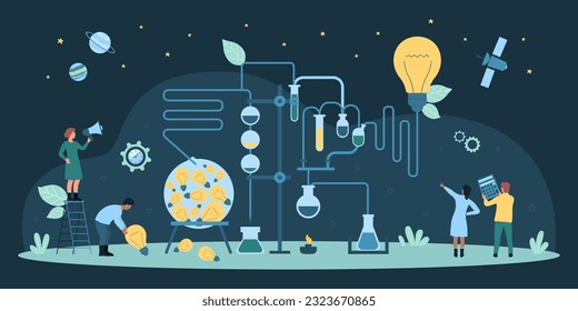 Cartoon tiny people work with scientific equipment, develop innovations, new projects ideas. Startup business teamwork, solution development through science knowledge dark concept vector illustration