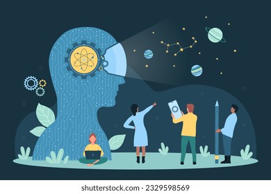 Cartoon tiny people work with smart AI brain in silhouette of abstract human head with digital device, neuro vision and thinking of cyber intellect. Artificial intelligence dark vector illustration.