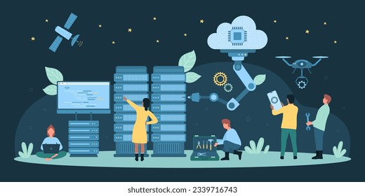Cartoon tiny people work in team with computers, servers, robot arms to fix and repair supercomputer infrastructure. Datacenter technology, AI, hardware and software dark concept vector illustration