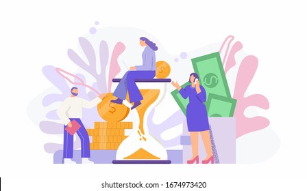 Cartoon tiny people work together with hourglass vector flat illustration. Focused business person use laptop and talk smartphone surrounded by cash and coin. Time money concept isolated