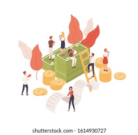 Cartoon tiny people working tablet for budget planning isometric vector illustration. Character sitting on cash money, carrying receipt isolated on white background. Concept financial administration.