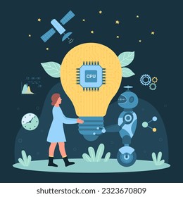 Cartoon tiny person and robot holding big bright light bulb with CPU processor inside together, innovation technology and invention. Automation of idea creation, AI support dark vector illustration