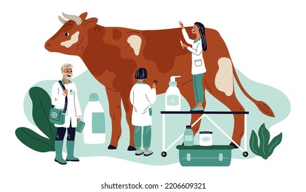 Cartoon tiny vet doctors. Domestic animal treatment and vaccination. Cattle medicine. Miniature veterinarians conduct medical examination and treat. Veterinary help