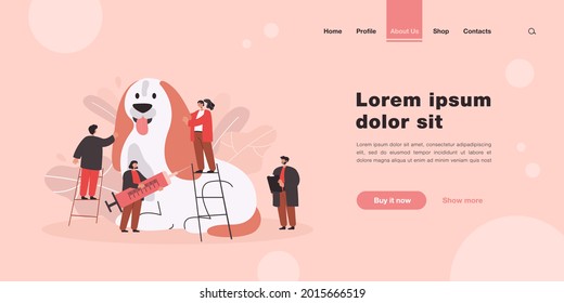 Cartoon tiny veterinaries examining or treating giant dog. Flat vector illustration. Doctors caring about huge puppy in vet clinic or hospital interior. Veterinary, animal care, medicine concept