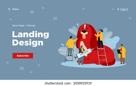 Cartoon tiny veterinaries examining or treating giant dog. Flat vector illustration. Doctors caring about huge puppy in vet clinic or hospital interior. Veterinary, animal care, medicine concept