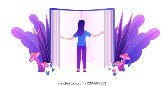 Cartoon tiny woman reading an open fantasy huge fantasy book isolated vector illustration