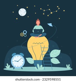 Cartoon tiny woman working with laptop, employee character sitting on big light bulb with clock to work with creative insight and inspiration. Innovation, business idea creation vector dark concept