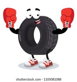 cartoon tire mascot in red boxing gloves on white background