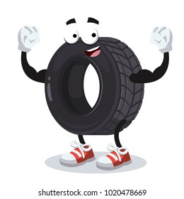 Cartoon Tire Mascot Shows Its Strength On A White Background