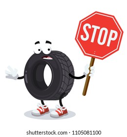 cartoon tire mascot with tablet stop in hand on white background