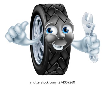 Cartoon tire mechanic garage mascot with wrench or spanner doing thumbs up gesture