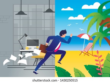 Cartoon Tired, Exhausted, Overworked Businessman in Suit Escaping Job and Hurrying to Rest on Tropical Beach. Vector Creative Illustration with Dark Office Part and Sunny Tropical Island