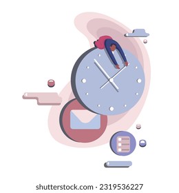 Cartoon tired guy lying on clock. Time and deadline management in office routine, hard work 2d vector graphic. Flat style illustration on white background