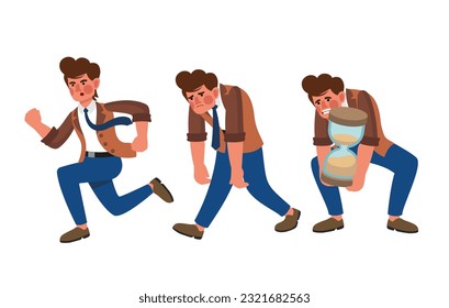 Cartoon tired guy runs errands and walks with hourglass. Character time management. Work day schedule. Time to work and time to rest. Vector illustration in flat style