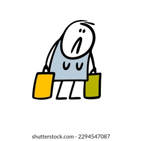 Cartoon tired housewife woman walks out of the store with heavy bags of groceries. Vector illustration of upset mom at work.