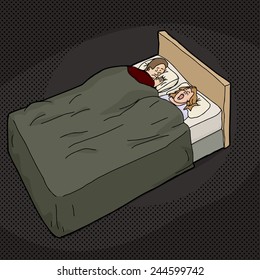 Cartoon of tired man in bed with snoring woman