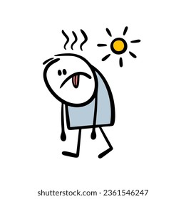 El hombre cansado de las caricaturas deambula bajo el sol abrasador con la lengua saliendo de la sed y el calor. Ilustración vectorial de un stickman sediento de desierto. Carácter gracioso aislado en fondo blanco.