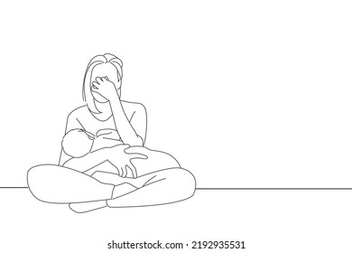 Cartoon of tired mother suffering from experiencing postnatal depression single mom motherhood stress. Outline drawing style art
