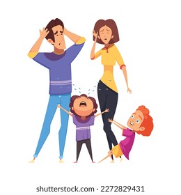 Cartoon tired parents and two little crying naughty children vector illustration