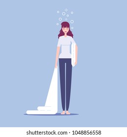 Cartoon tired sleepy woman standing with pillow and blanket in her hands vector flat style vector illustration. Sleepy girl getting ready for bed or heavy early rise. Young woman at night or morning