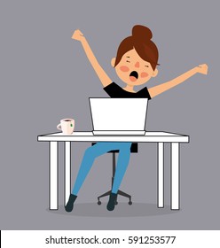 Cartoon Tired sleepy woman yawning, working at office desk. Vector Illustration