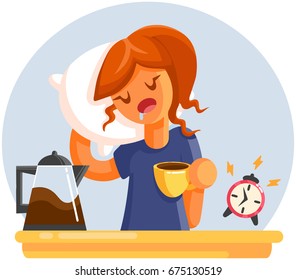 Cartoon Tired sleepy yawning woman with cup of coffee. Flat style vector illustration