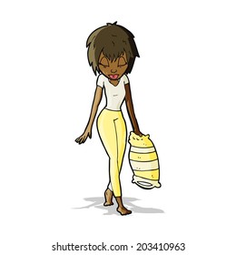 cartoon tired woman going to bed