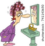 cartoon tired woman with rollers in her hair looking in the bathroom mirror