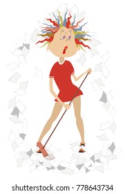 Cartoon tired woman sweeps papers using a broom vector illustration