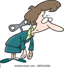 Cartoon Tired Woman With A Wind Up Key In Her Back