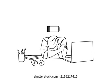 Caricatura de un joven cansado trabajando en el escritorio con una laptop pc, puso su cabeza sobre el escritorio. Estilo de dibujo de esquema
