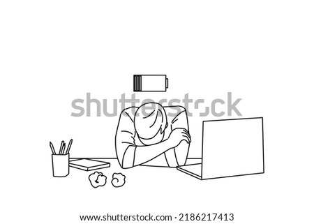 Cartoon of Tired young man work at desk with pc laptop, laid his head down on desk. Outline drawing style art
