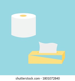 Juego de papel tisular de dibujos animados, caja de rollos, Uso para el inodoro, cocina, ilustración plana vectorial, sobre fondo azul.