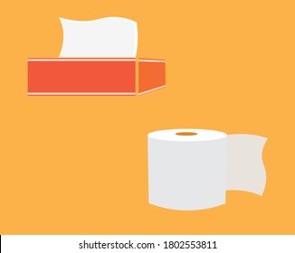 Juego de papel de tejido de caricatura, caja de rollos, Uso para el inodoro, cocina,Ilustración vectorial plana, sobre fondo amarillo.