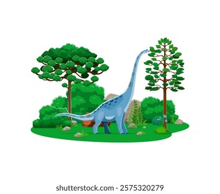 Cartoon Titanosauria dinosaur cute character. Prehistoric reptile comical vector mascot, paleontology lizard or Jurassic era animal funny character. Titanosauria dinosaur cute personage in pine forest