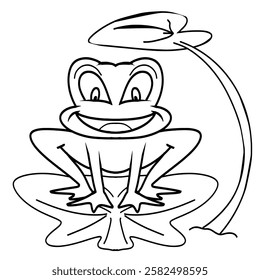 A cartoon toad with a big smile, sitting on a lily pad. Line art style, cute and whimsical. Perfect for children's designs, nature-themed projects, or educational materials