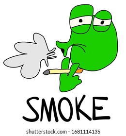 Cartoon toad smokes a cigarette and blows smoke in his mouth. The emotion of relaxation and pleasure. A cool frog with a bad habit at a lunch break. Emotional sticker for print, design and logo.