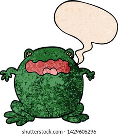 cartoon toad with speech bubble in retro texture style