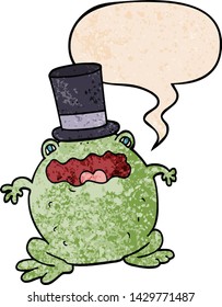 cartoon toad wearing top hat with speech bubble in retro texture style