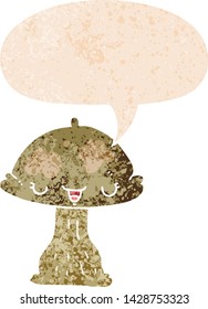 cartoon toadstool with speech bubble in grunge distressed retro textured style
